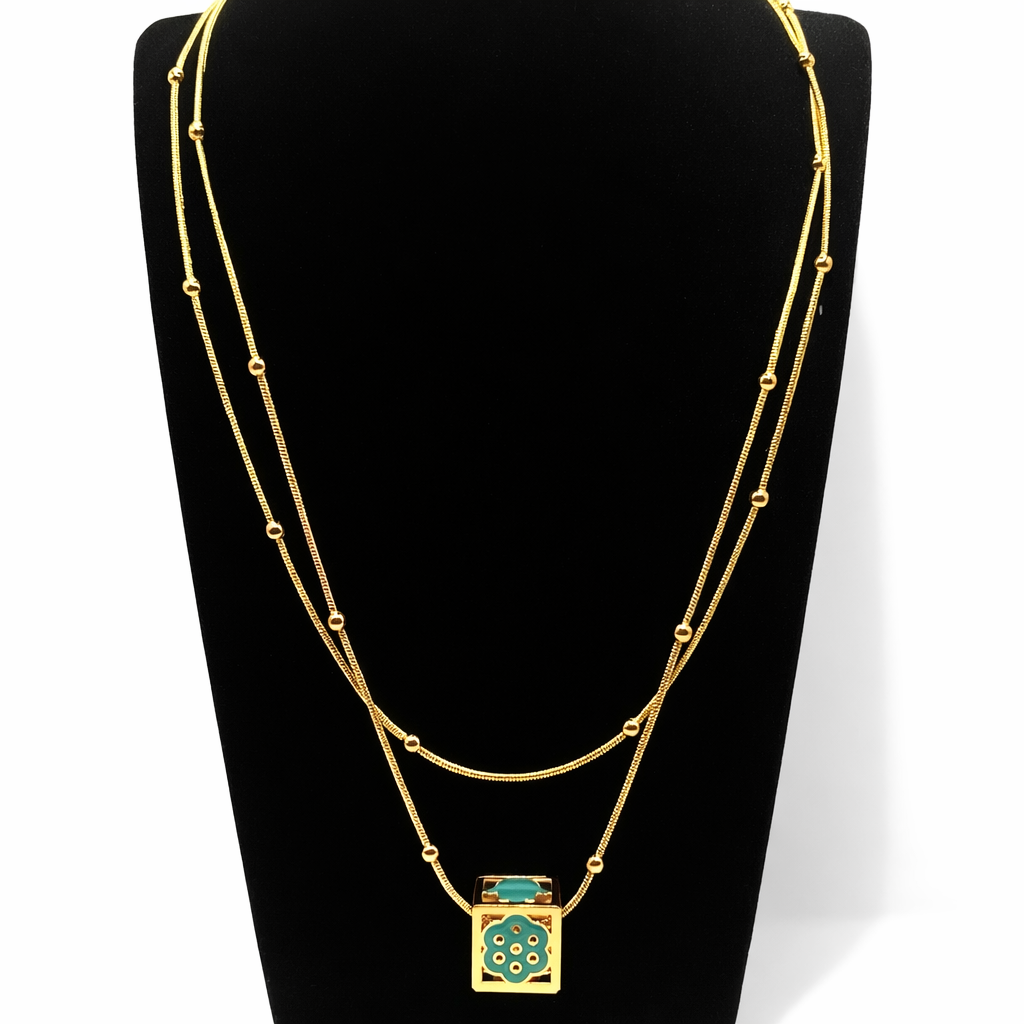 Layered Beaded Lock Pendant Necklace – Gold Colored