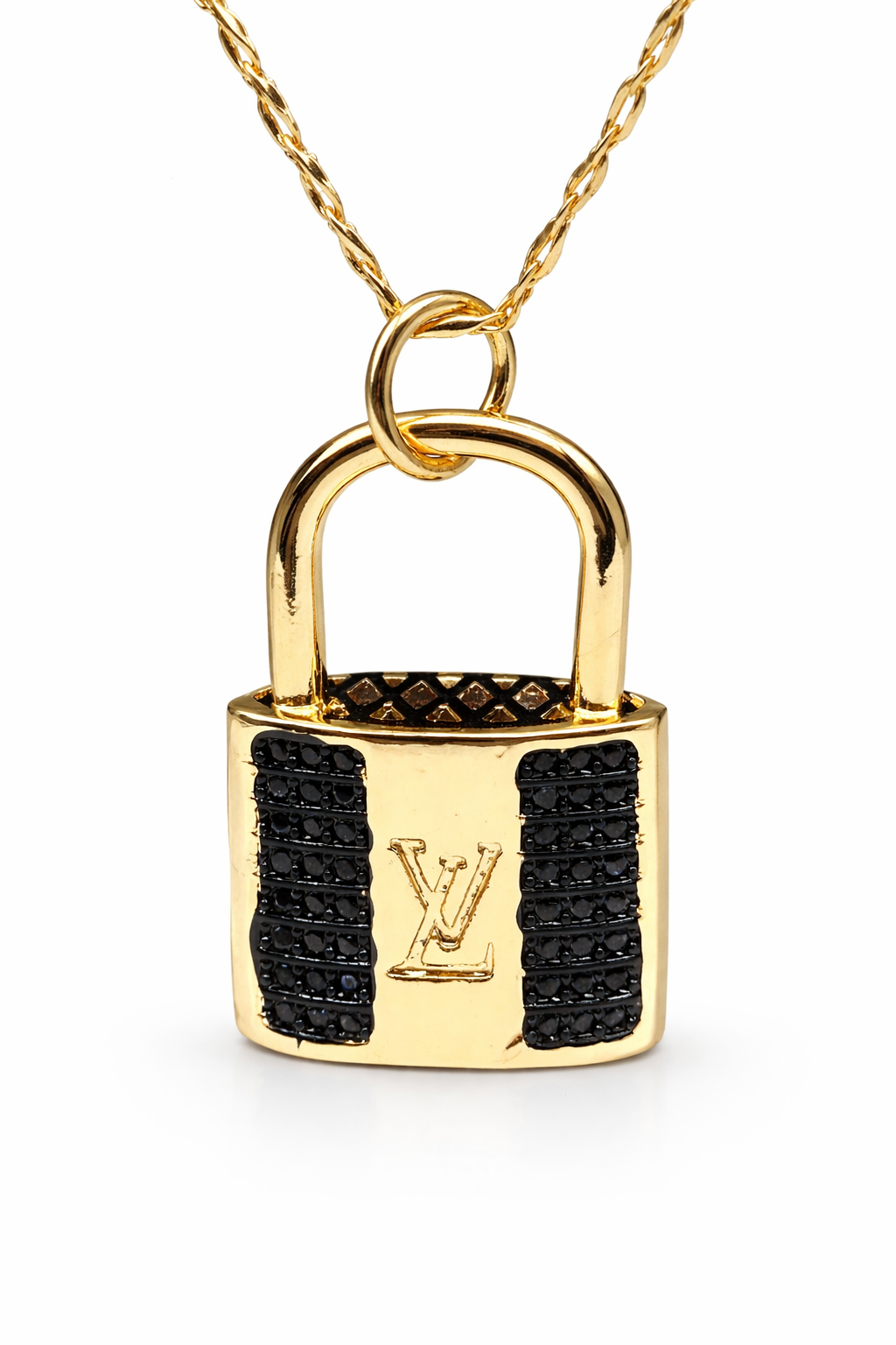 Black Crystal Padlock Pendant Necklace – Gold Colored