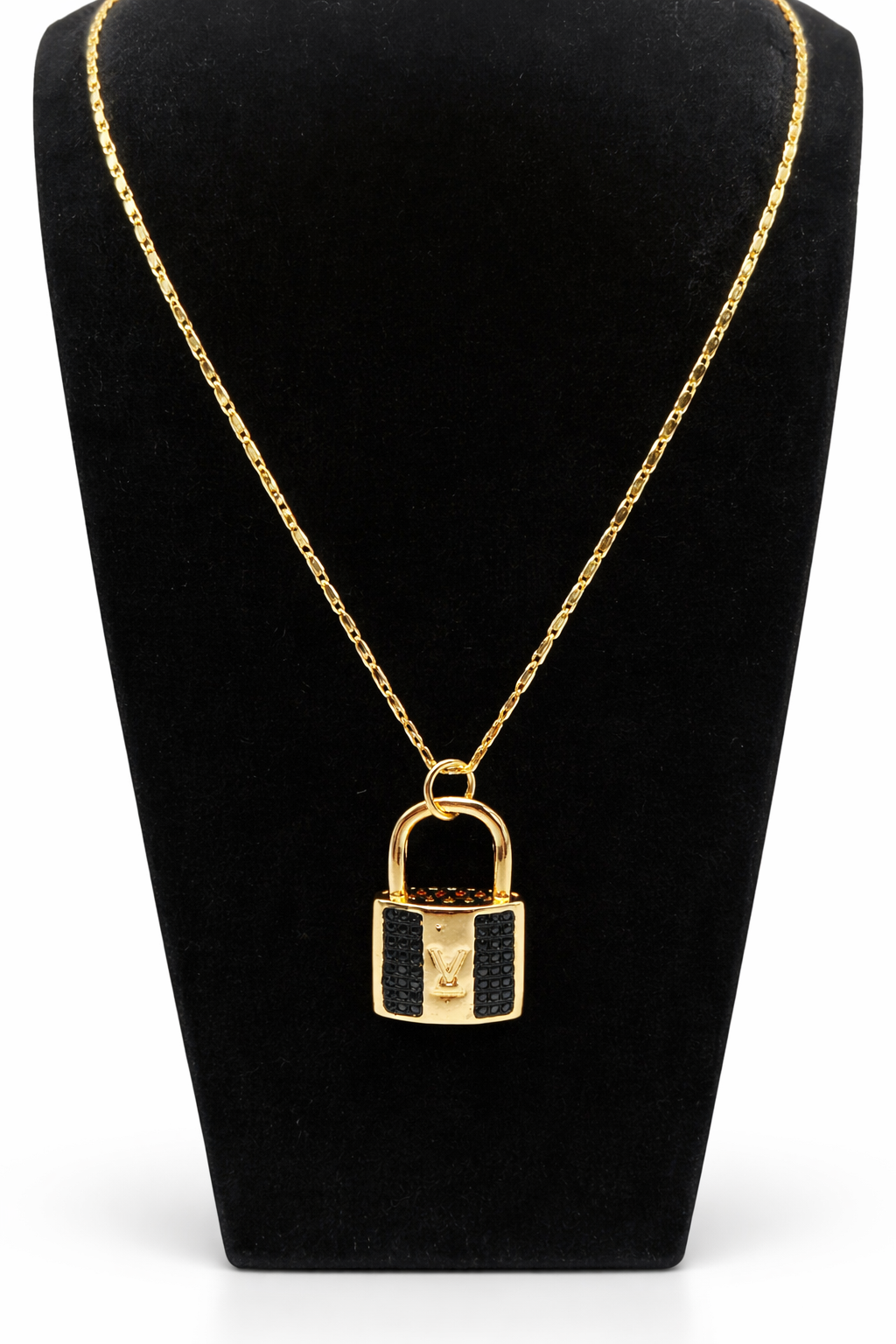 Black Crystal Padlock Pendant Necklace – Gold Colored