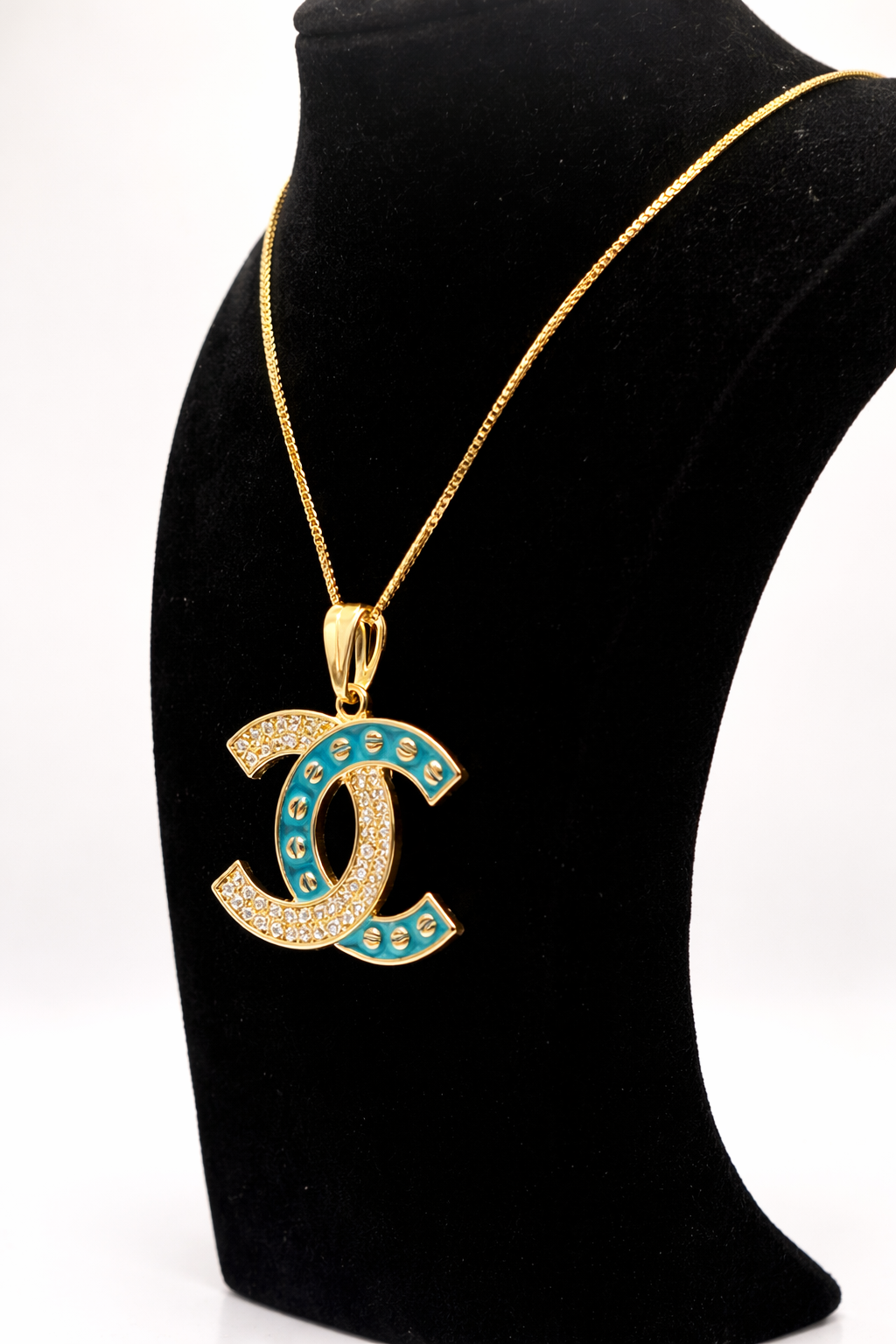 Crystal Double C Pendant Necklace with Blue Enamel – Gold Colored