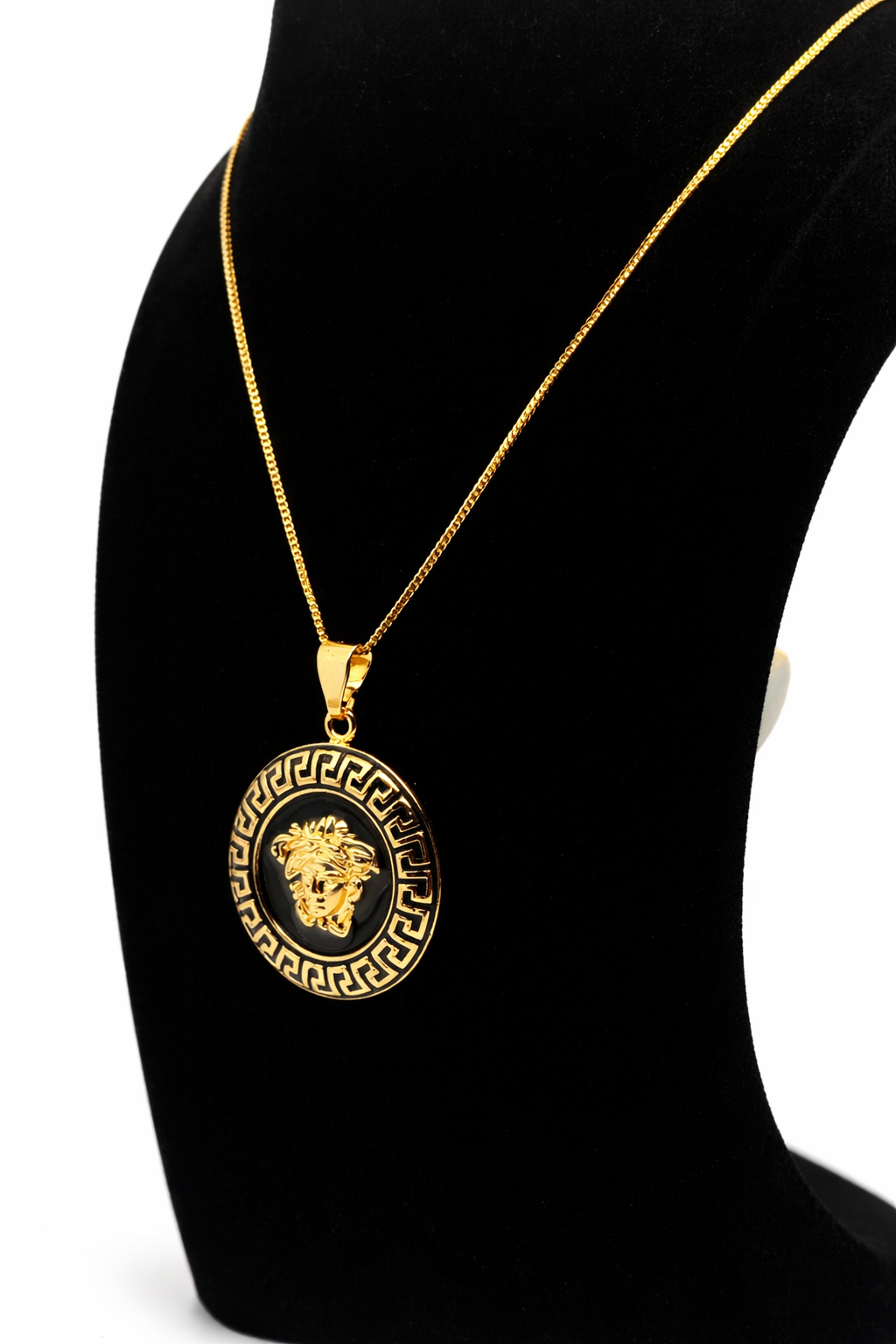 Medusa Greek Key Medallion Necklace – Gold Colored