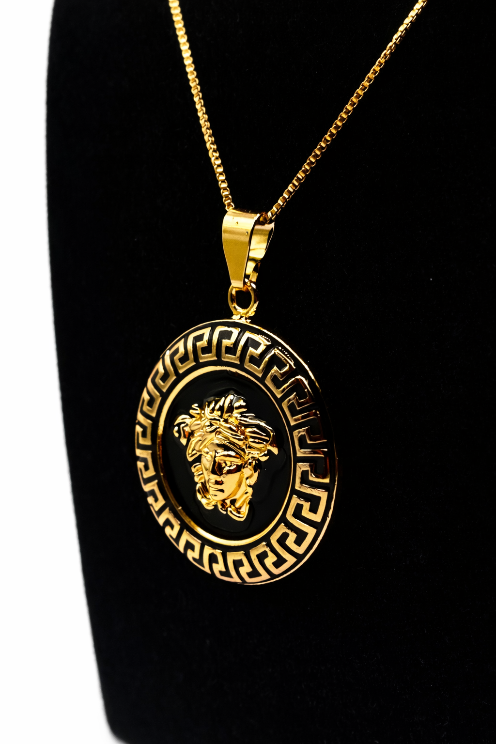 Medusa Greek Key Medallion Necklace – Gold Colored