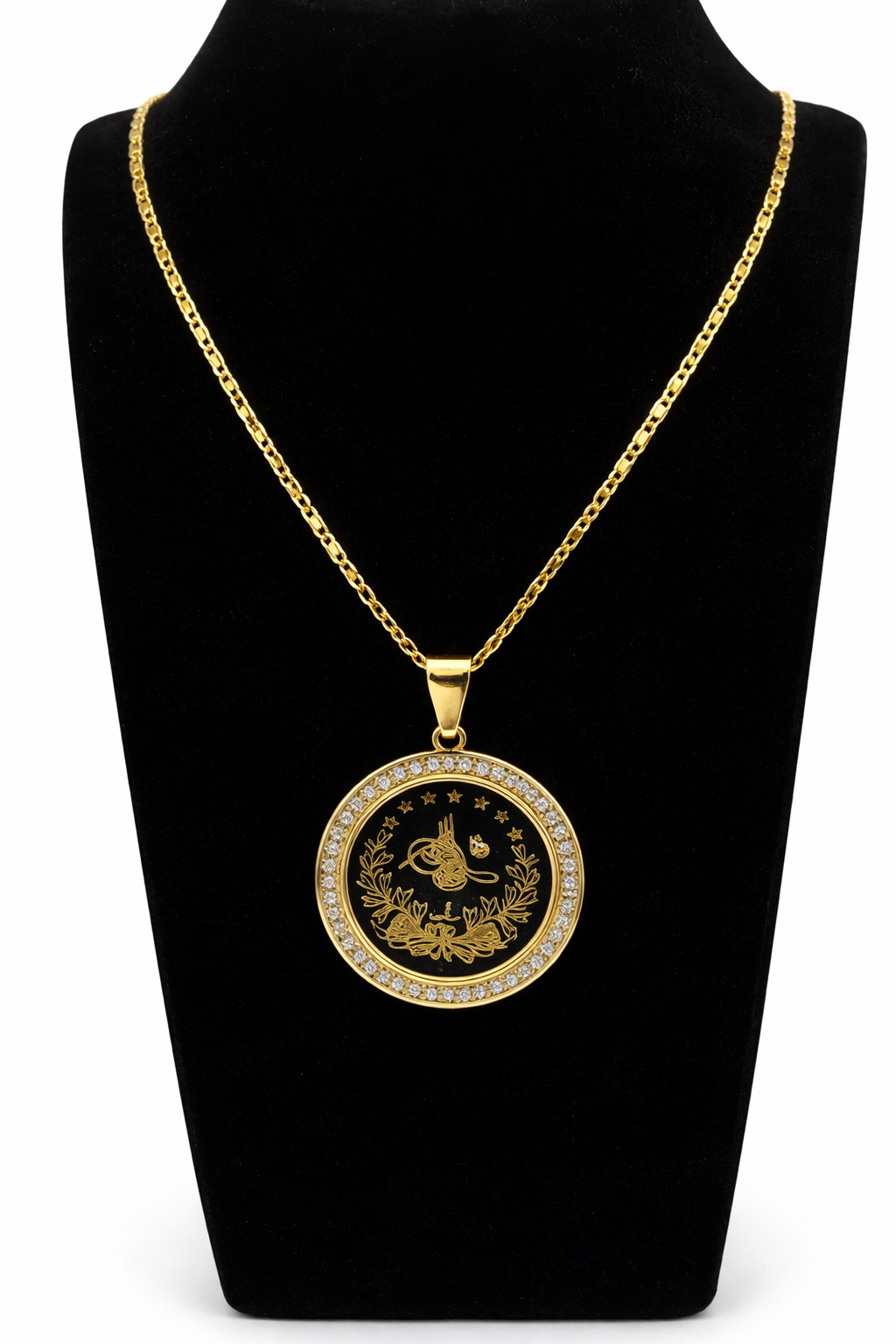 Ottoman Calligraphy Crystal Medallion Necklace – Gold Colored