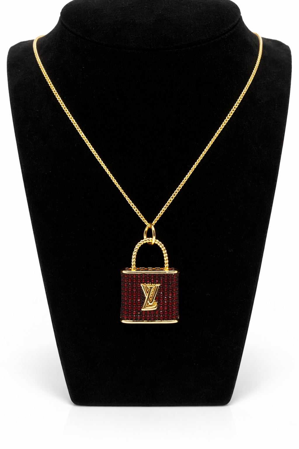 Purple Crystal Lock Pendant Necklace – Red & Gold Colored