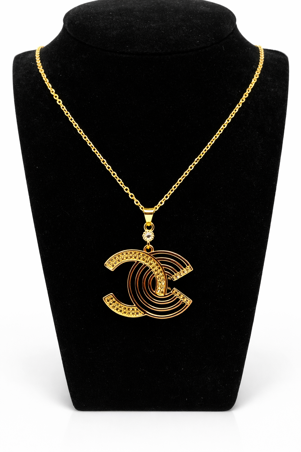 Interlocking Double C Crystal Pendant Necklace – Gold Colored