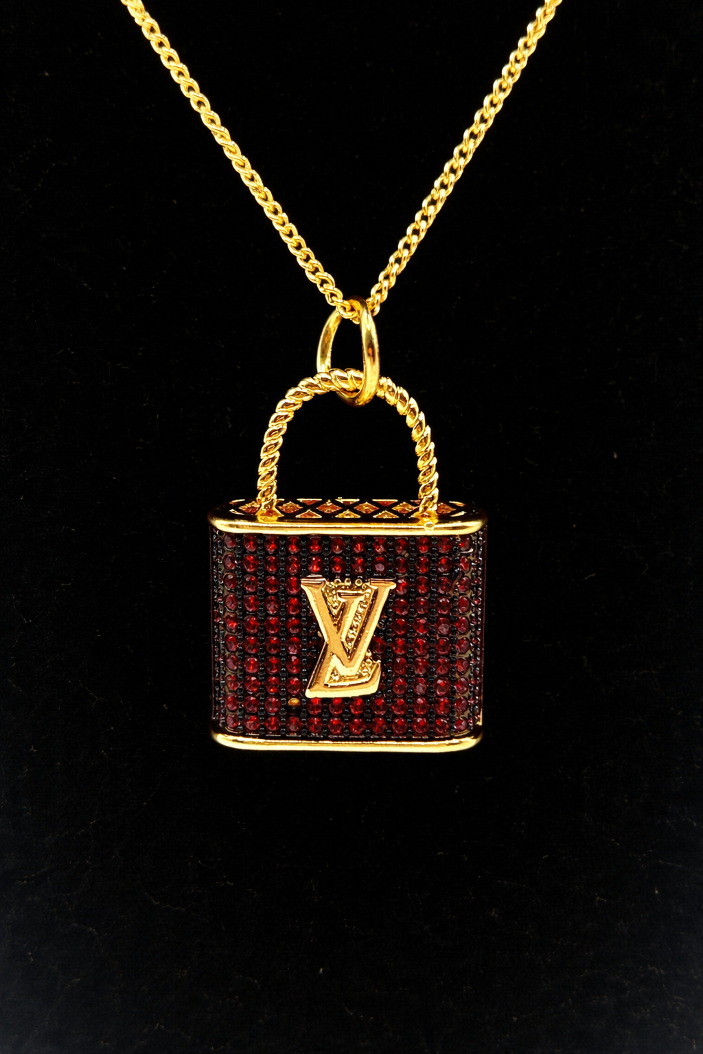 Purple Crystal Lock Pendant Necklace – Red & Gold Colored