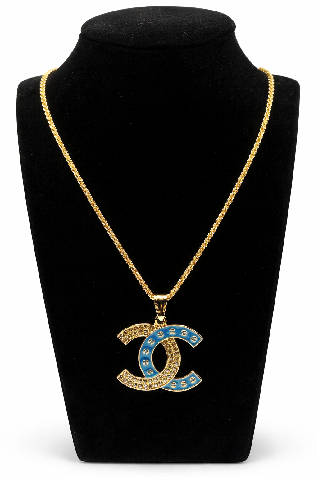 Crystal Double C Pendant Necklace with Blue Enamel – Gold Colored