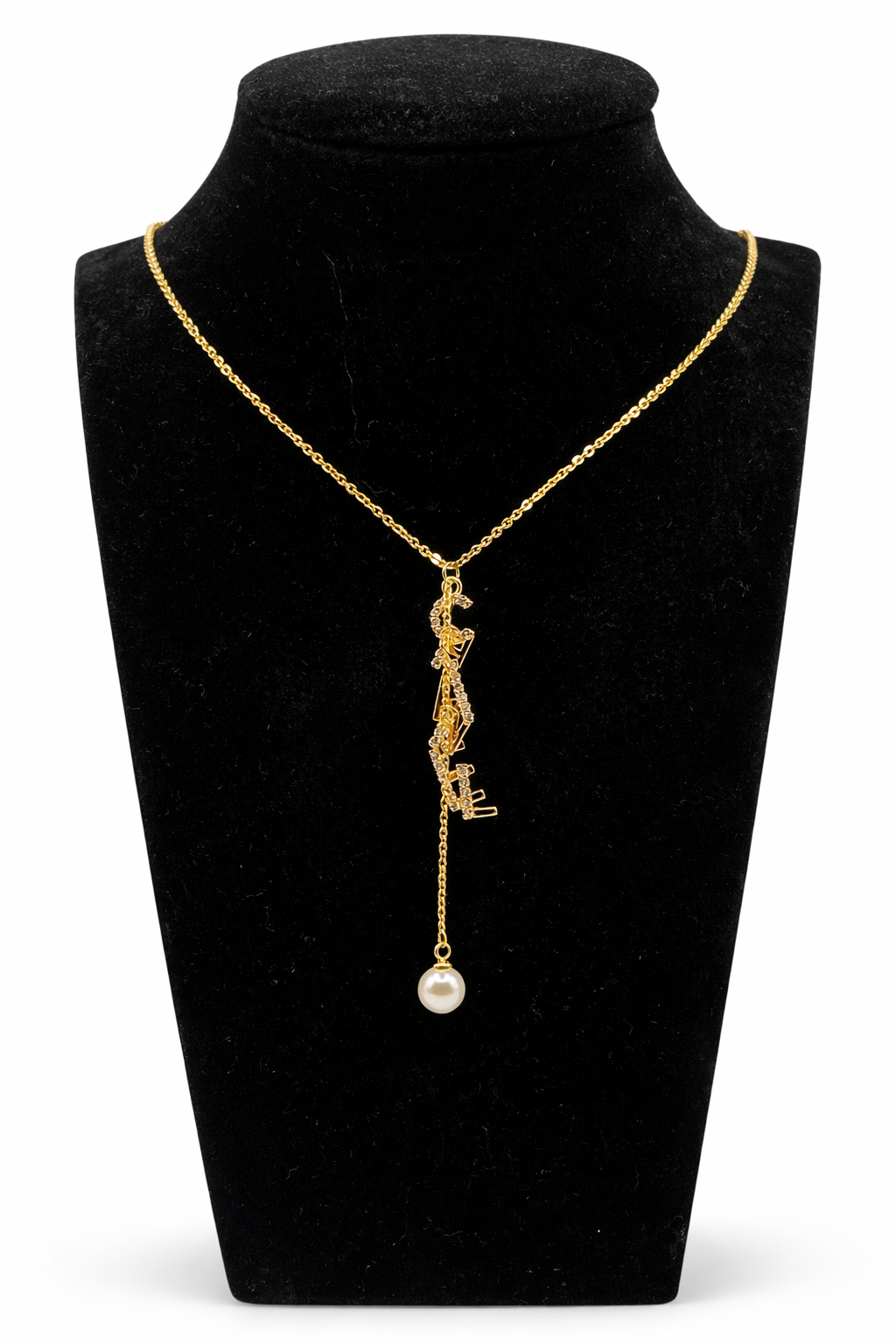 Vertical Script Pearl Drop Pendant Necklace – Gold Colored