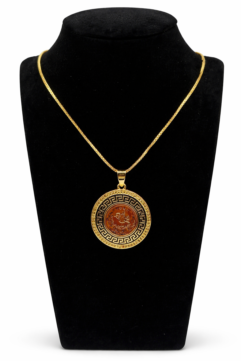 Medusa Coin Greek Key Pendant Necklace – Gold Colored