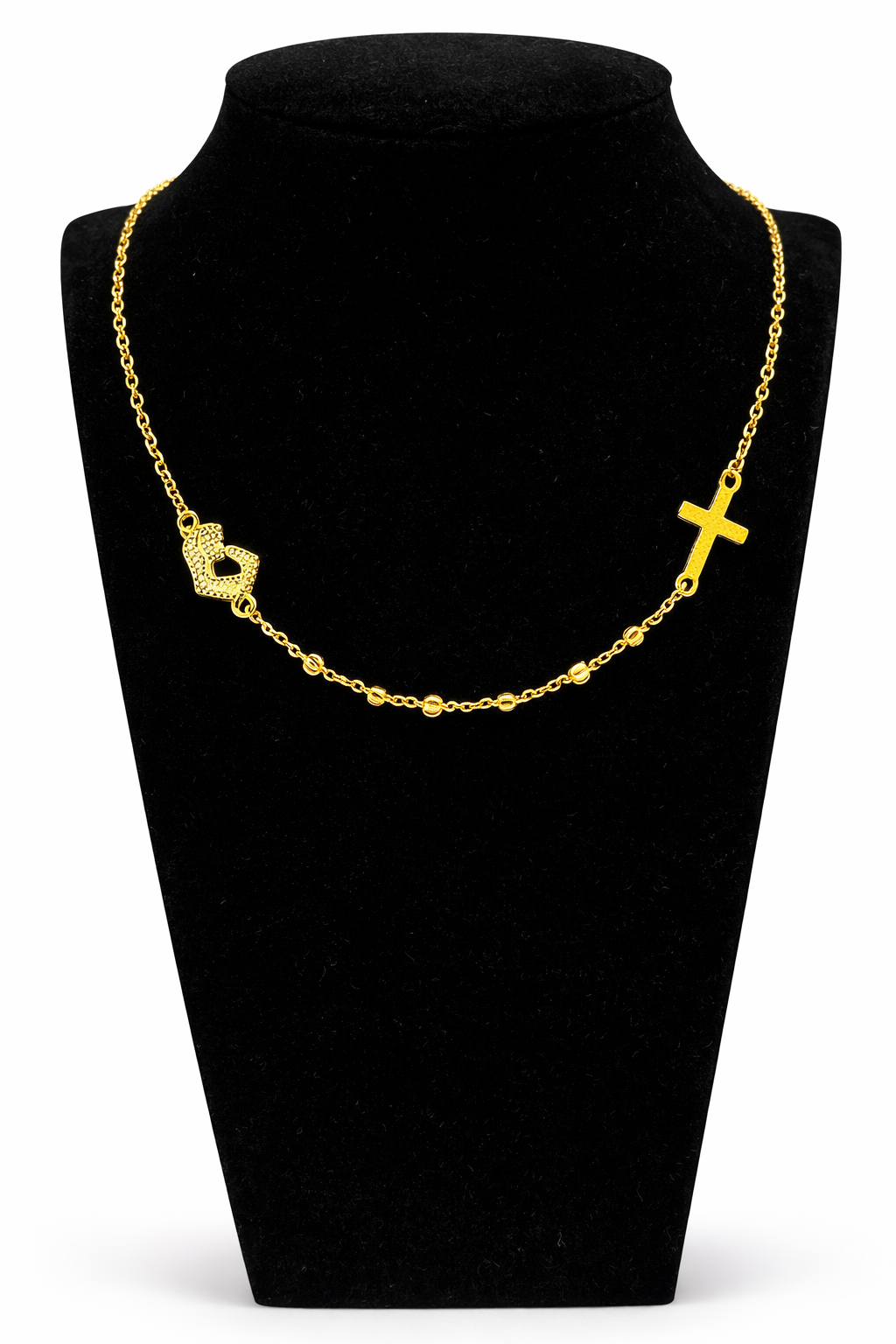 Double Heart & Cross Charm Necklace – Gold Colored