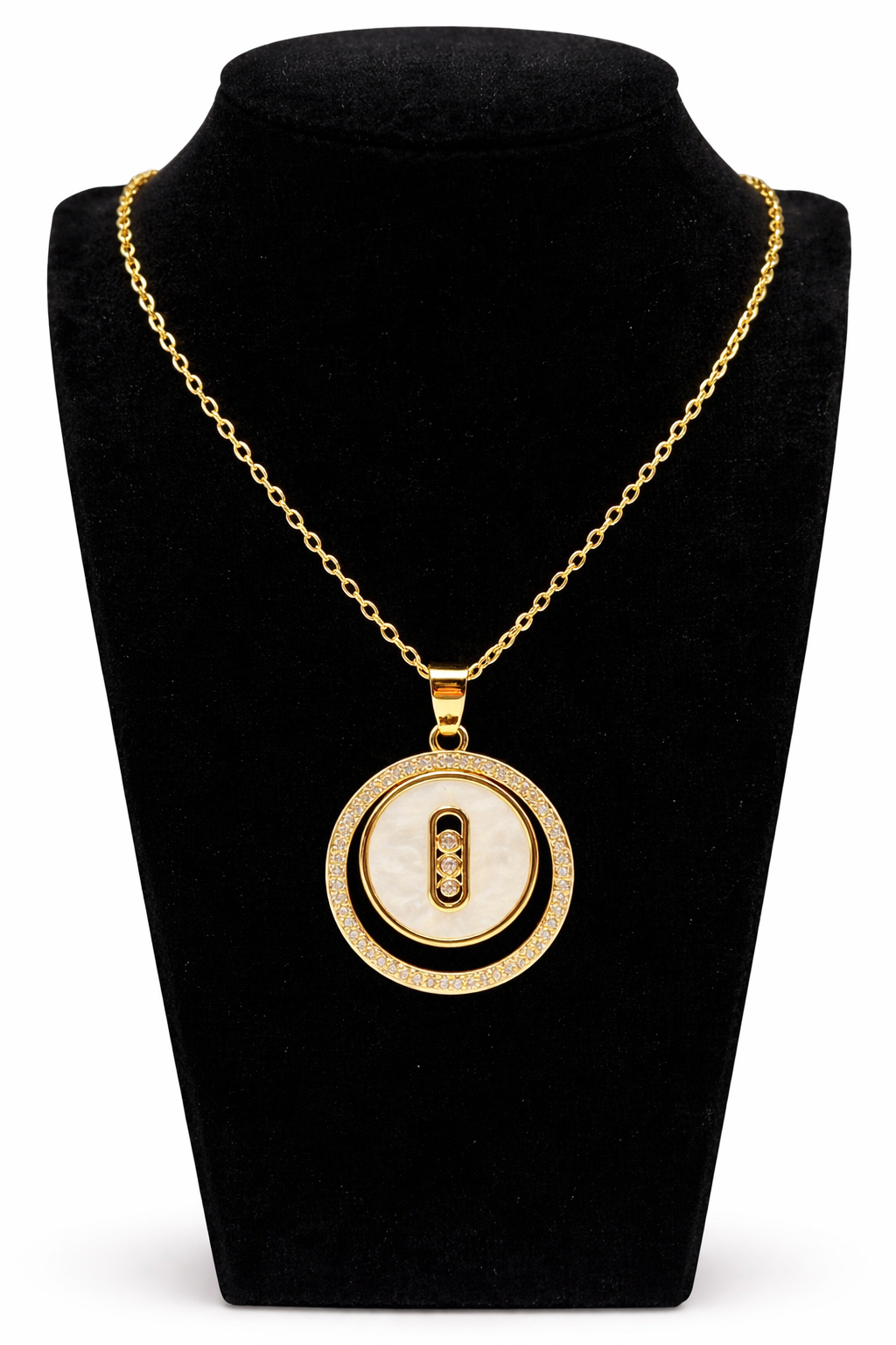 Circular Crystal Inlay Pendant Necklace – Gold Colored