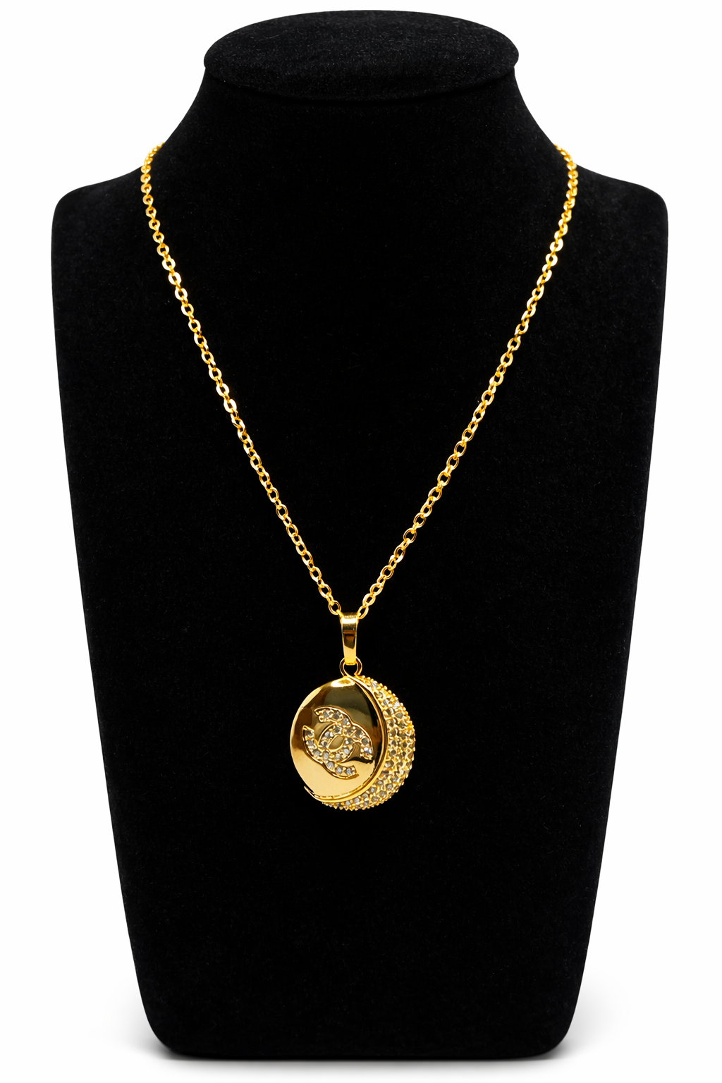 Half Moon Crystal Disc Pendant Necklace – Gold Colored