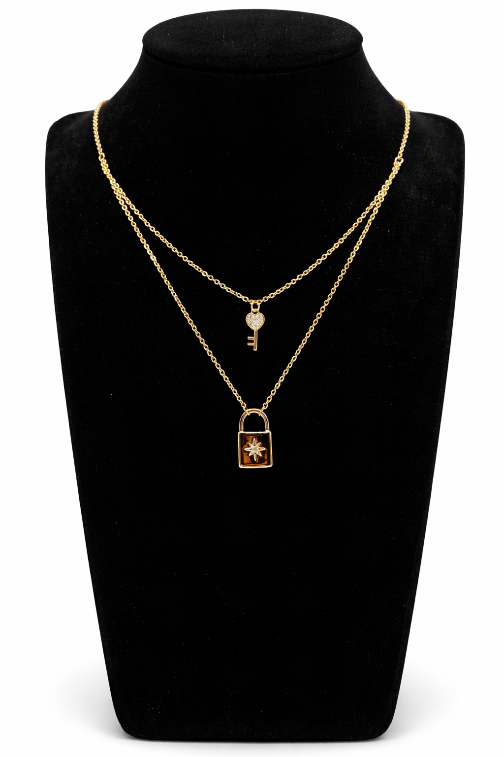 Layered Key & Lock Pendant Necklace – Gold Colored