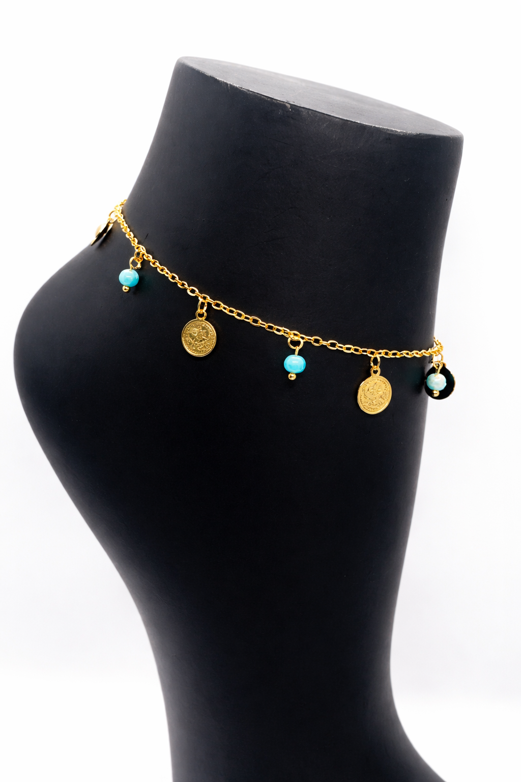 Turquoise Bead Coin Charm Anklet – Gold Colored