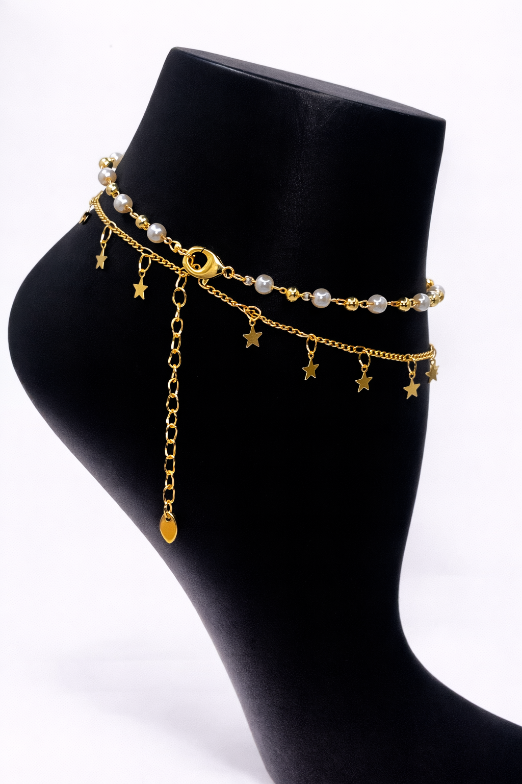DUPLICATE- Pearl and Star Layered Anklet – Gold Colored