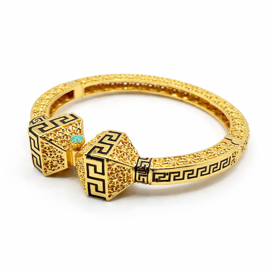 Greek Key Filigree Statement Bangle – Gold Colored
