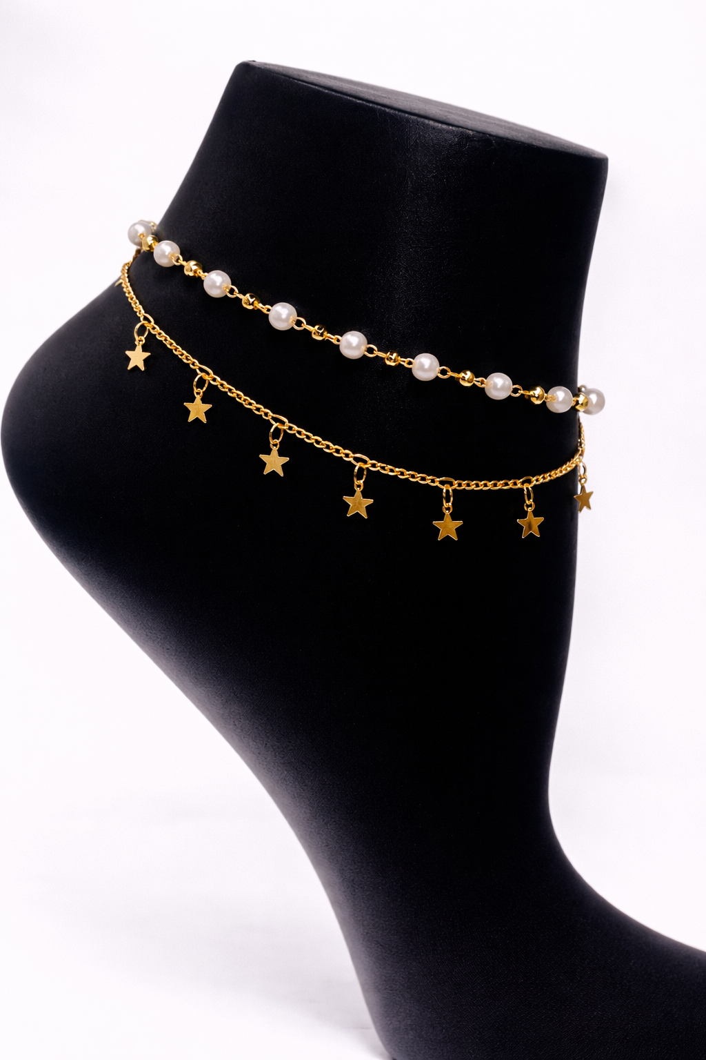DUPLICATE- Pearl and Star Layered Anklet – Gold Colored