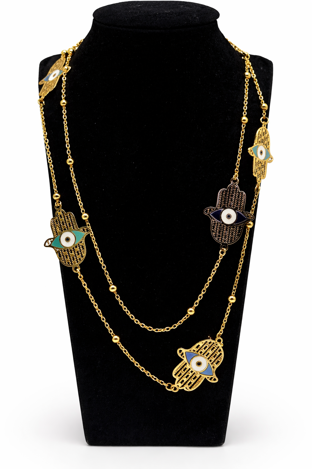 Layered Hamsa Evil Eye Necklace – Gold Colored