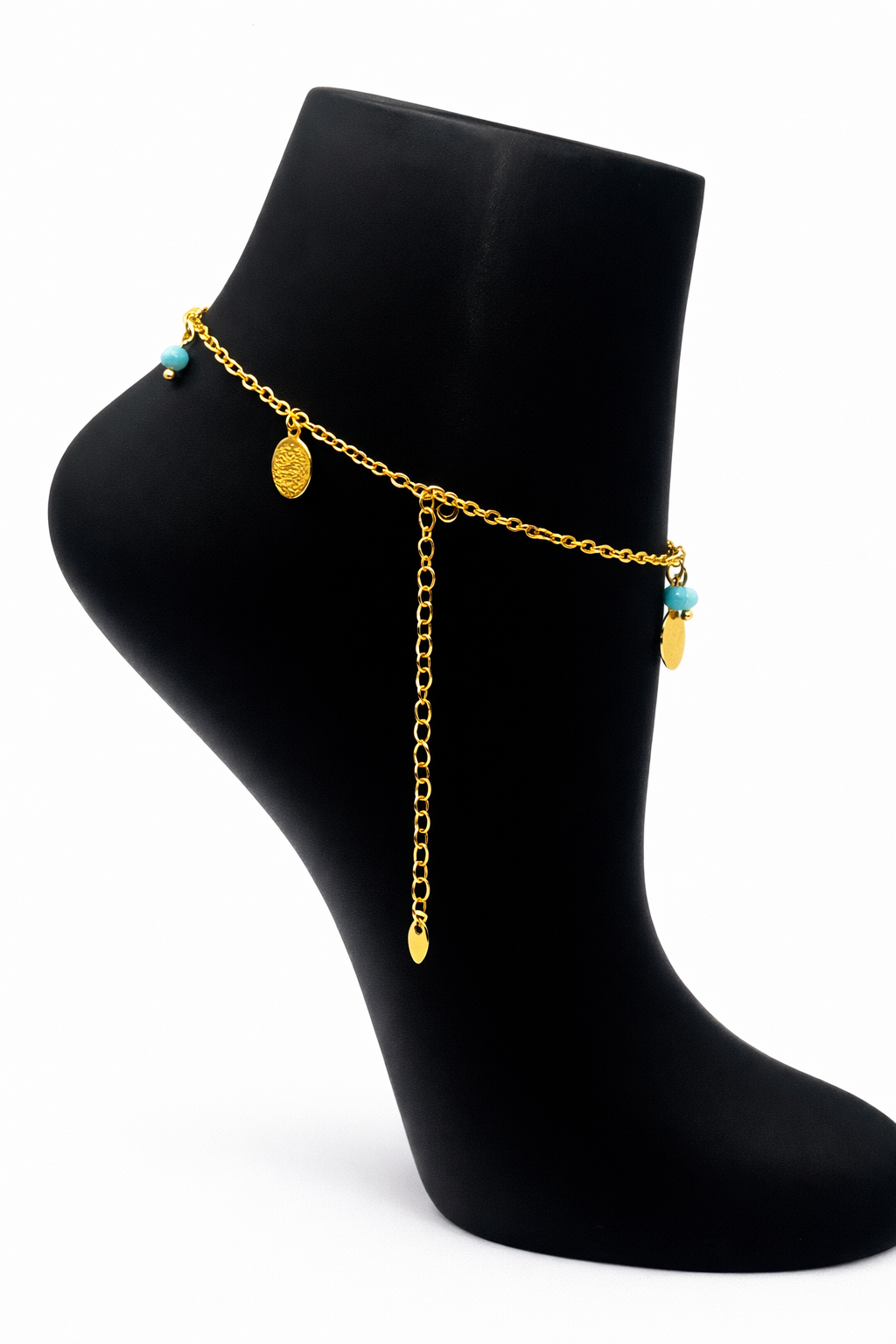 Turquoise Bead Coin Charm Anklet – Gold Colored