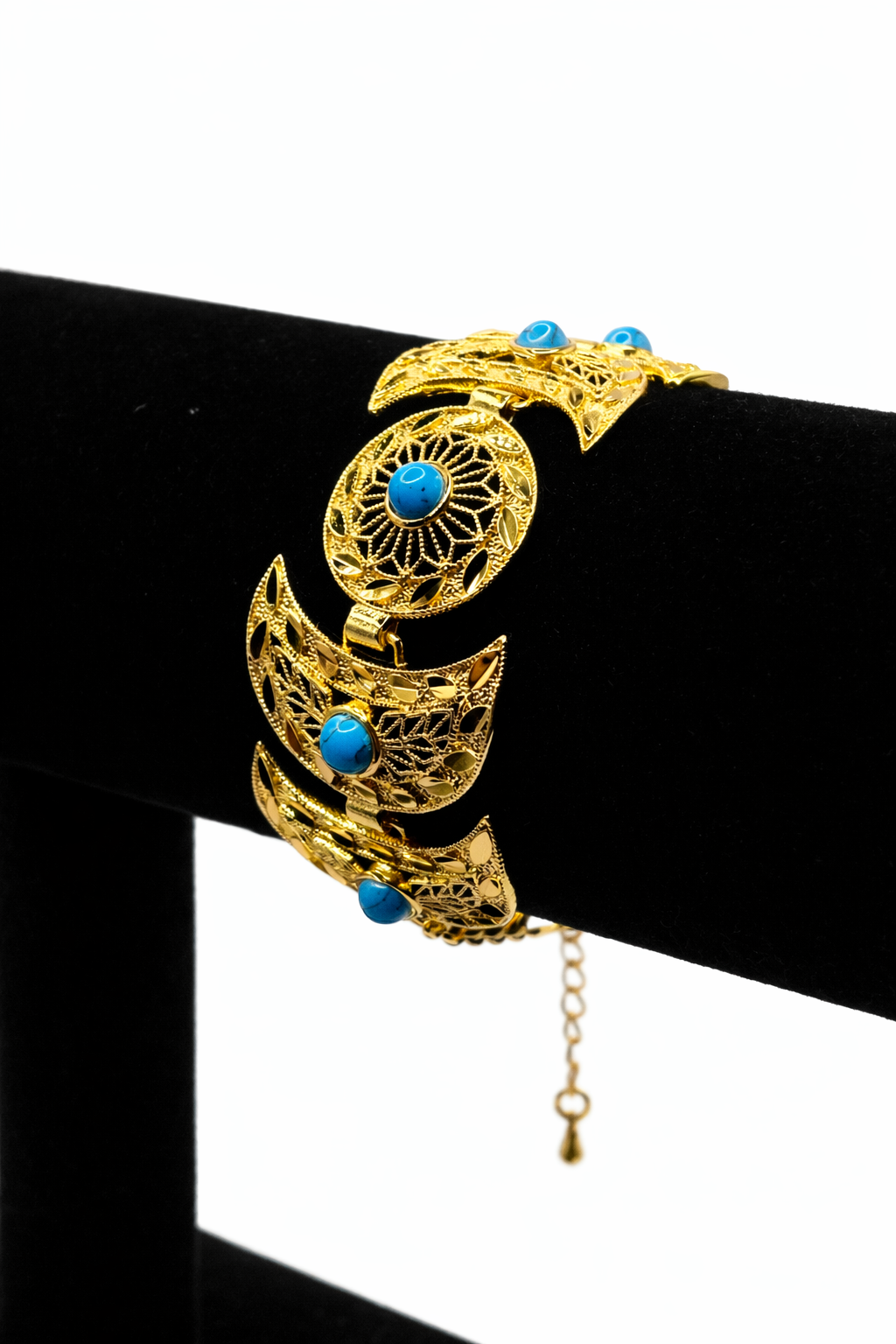 Turquoise Filigree Crescent Bracelet – Gold Colored