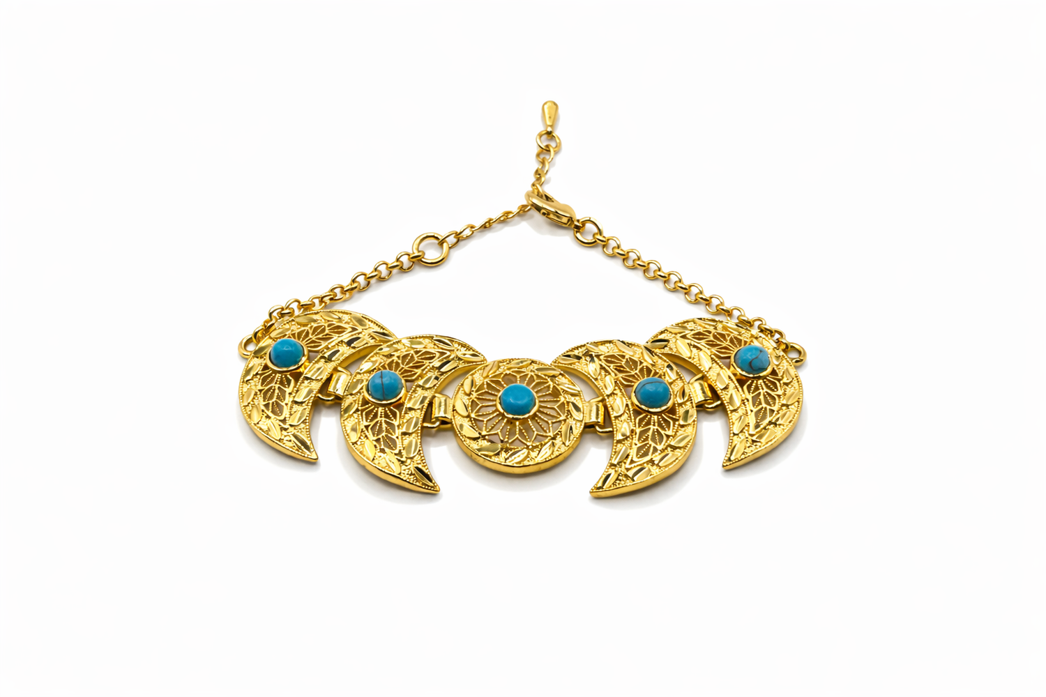 Turquoise Filigree Crescent Bracelet – Gold Colored