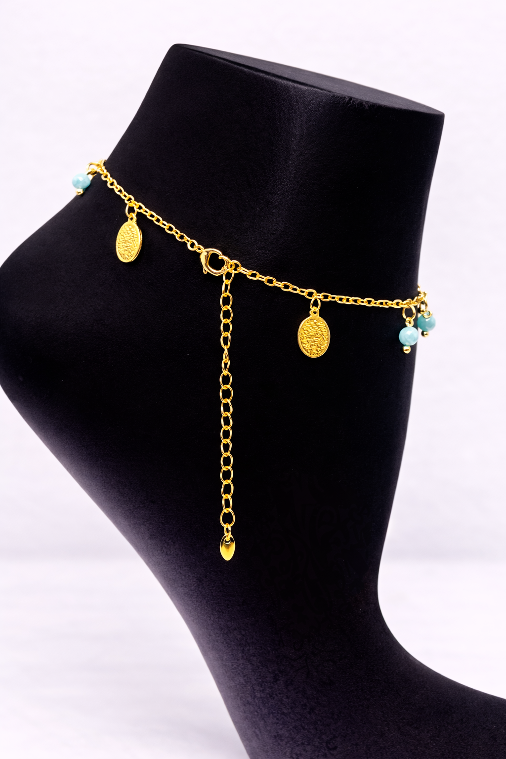 Turquoise Bead Coin Charm Anklet – Gold Colored