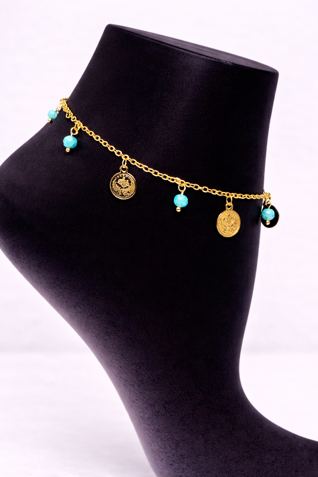 Turquoise Bead Coin Charm Anklet – Gold Colored