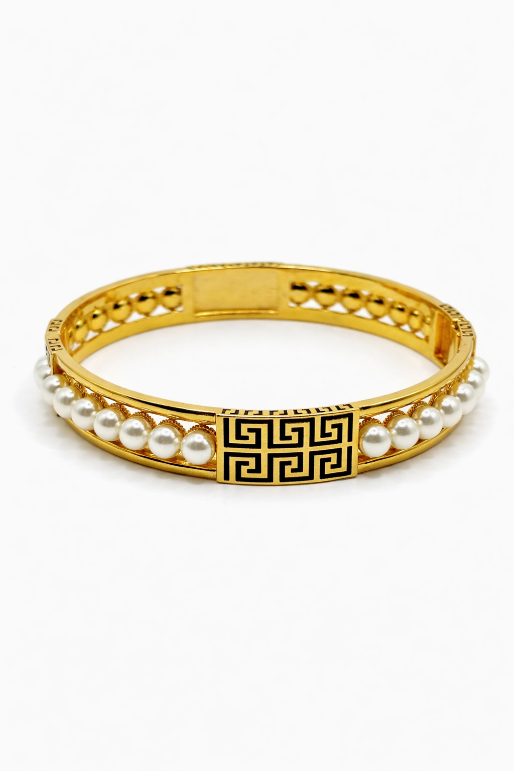 Pearl Greek Key Bangle Bracelet – Gold Colored