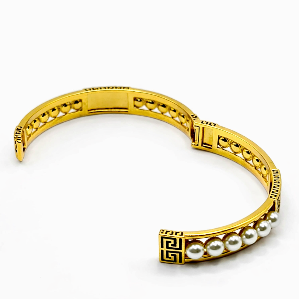 Pearl Greek Key Bangle Bracelet – Gold Colored