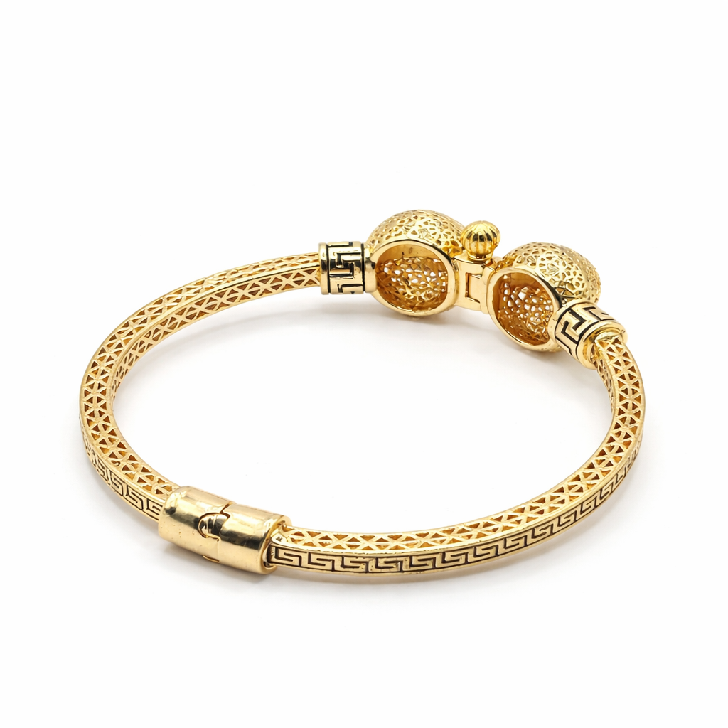 Greek Key Filigree Sphere Bangle – Gold Colored