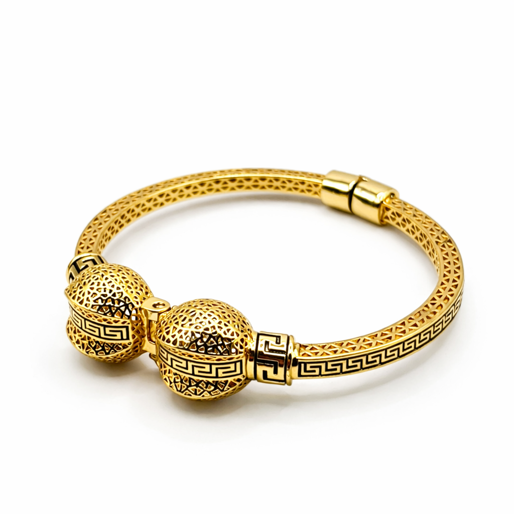 Greek Key Filigree Sphere Bangle – Gold Colored