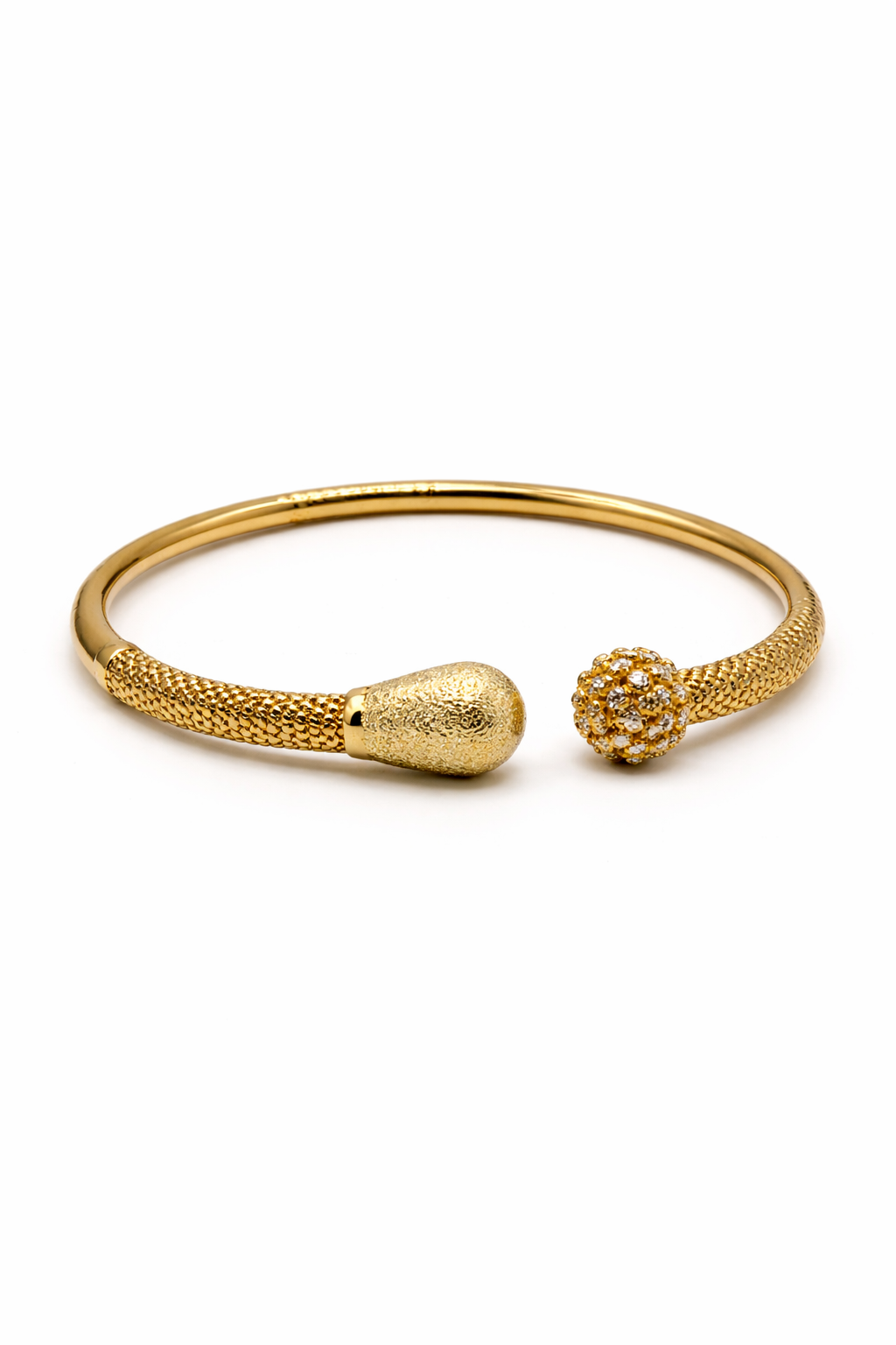 Textured Open Cuff Bracelet with Crystal Sphere Accent – Gold Colored