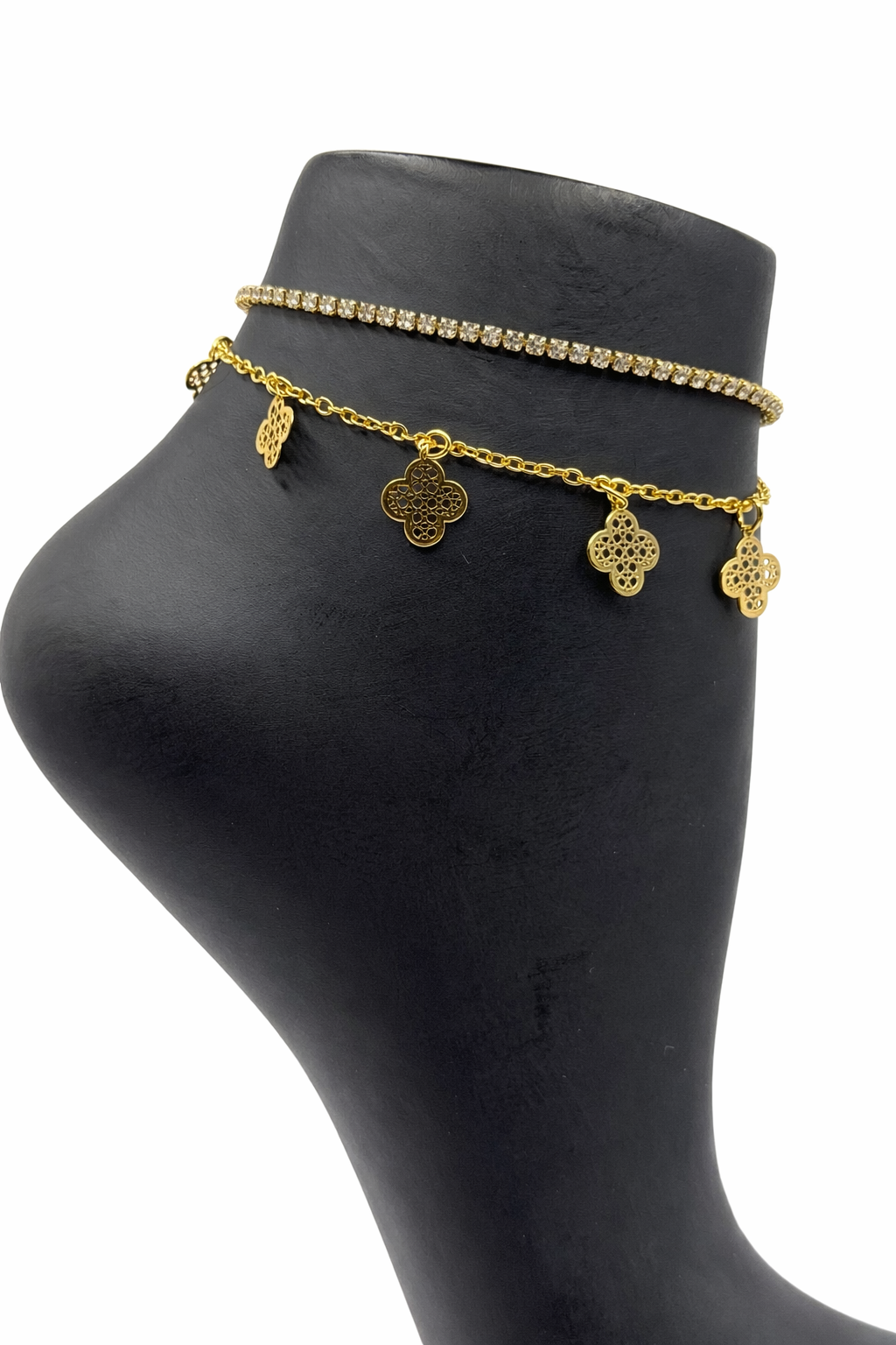 Double Layer Clover Charm Necklace with Crystal Chain – Gold Colored
