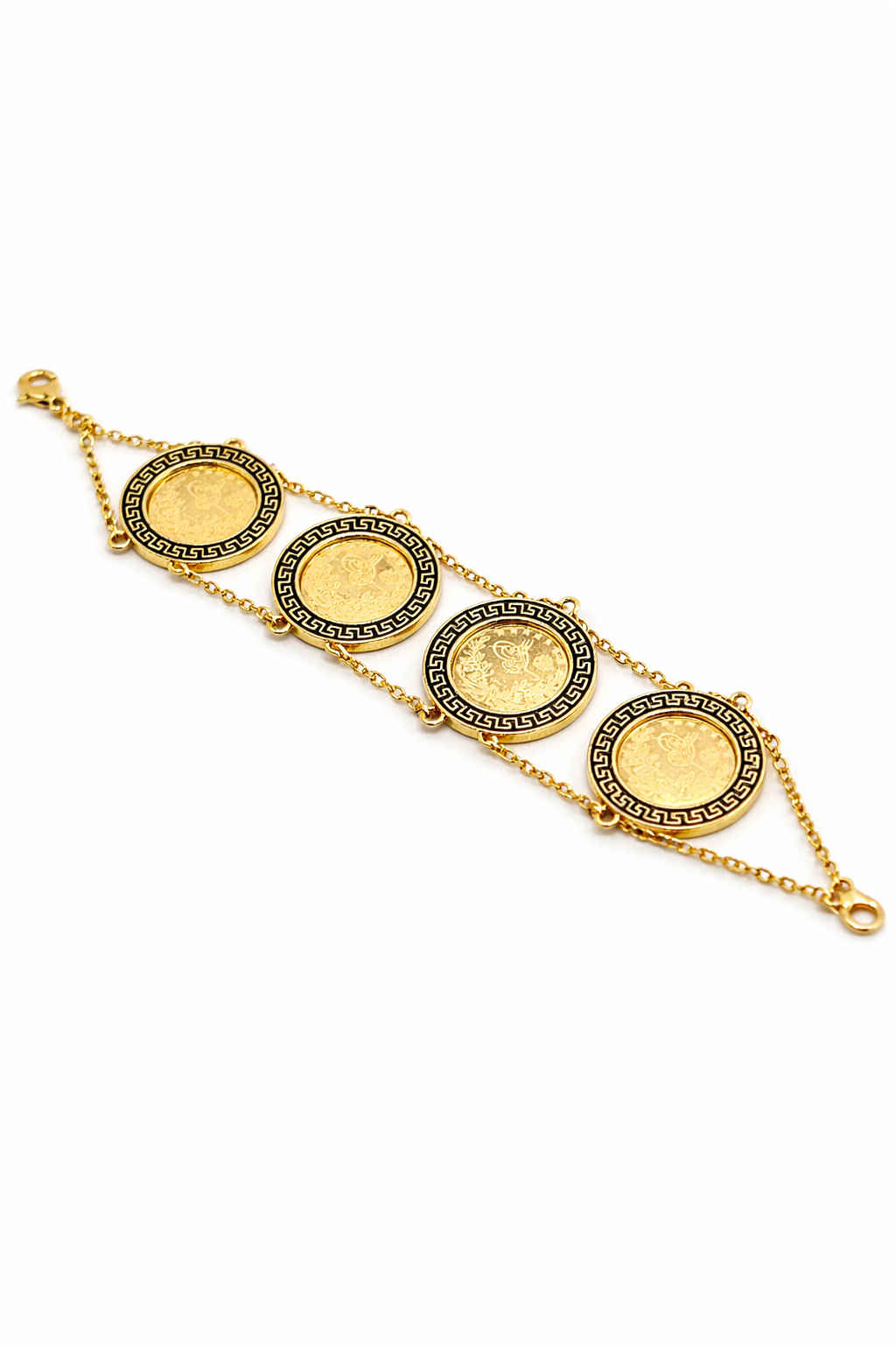 Four Medallion Greek Key Bracelet – Gold Colored