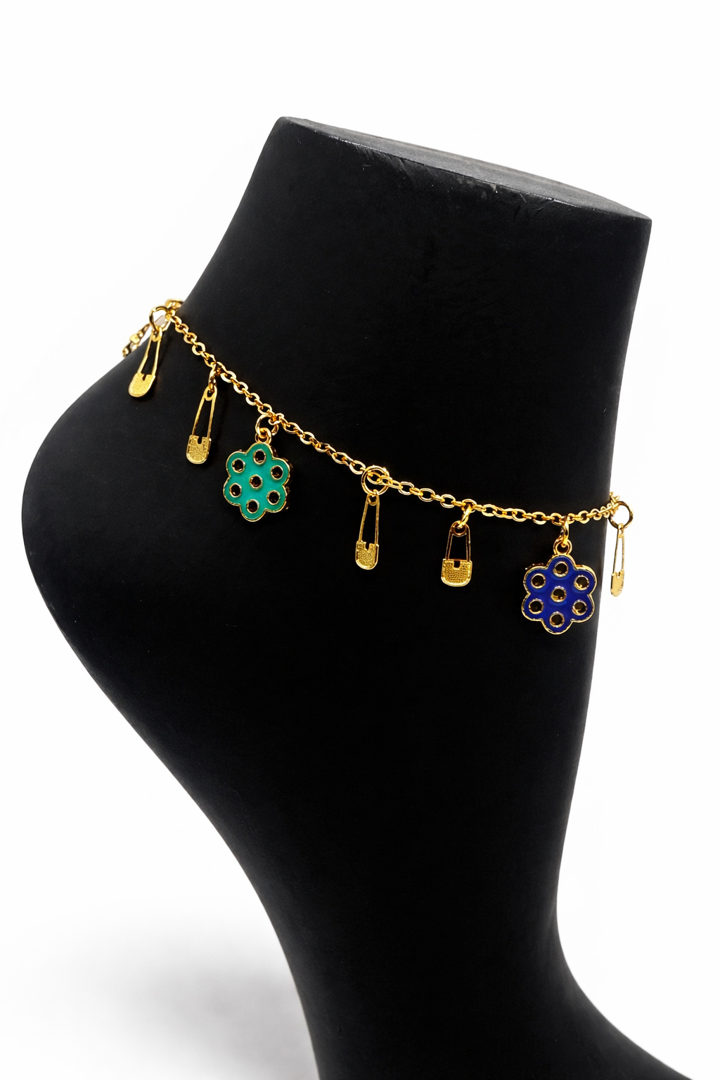 Floral Evil Eye Safety Pin Anklet – Gold Colored