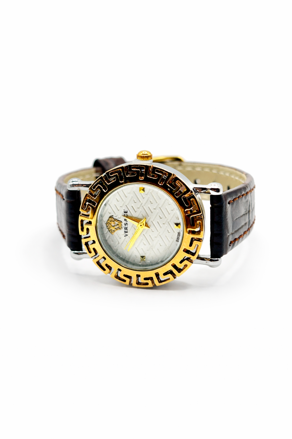 Classic Greek Key Leather Strap Watch – Gold Colored