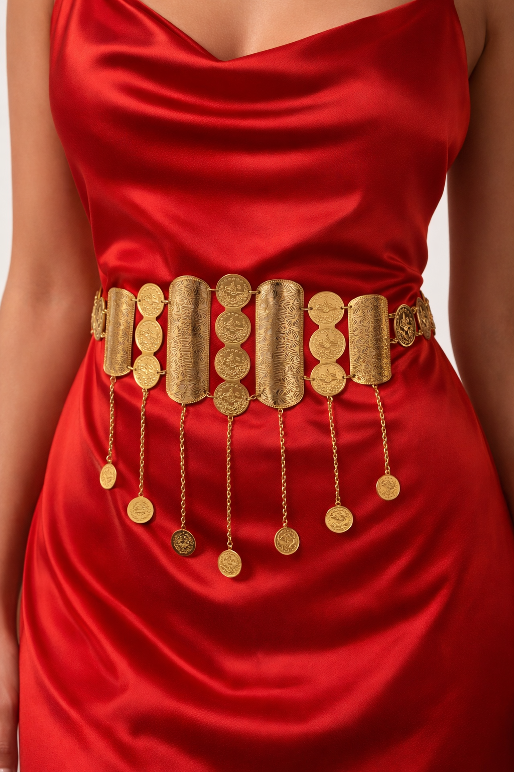 Engraved Coin Drop Waist Belt – Gold Colored