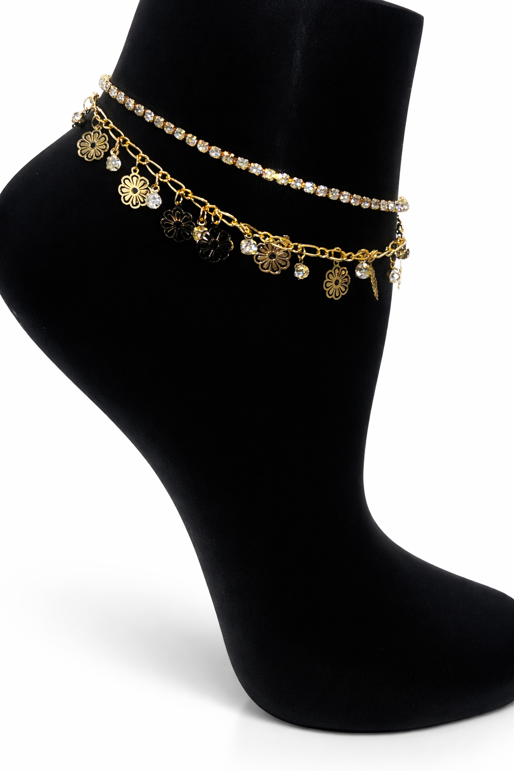 Layered Crystal Flower Charm Anklet – Gold Colored