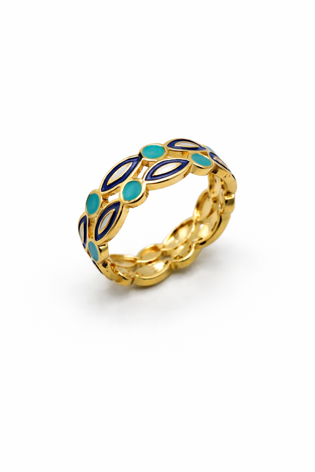 Turquoise & Navy Enamel Pattern Gold Ring