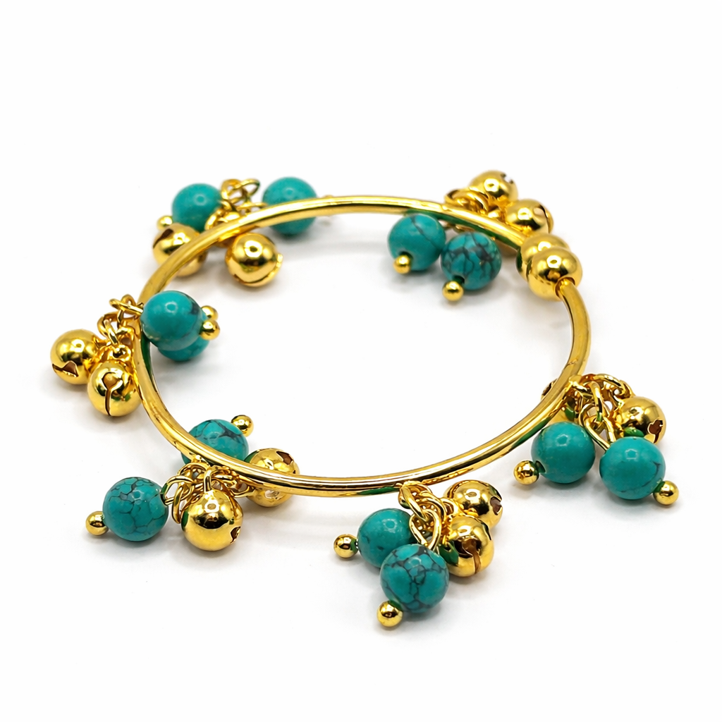 Turquoise Bead Charm Bangle Bracelet – Gold Colored