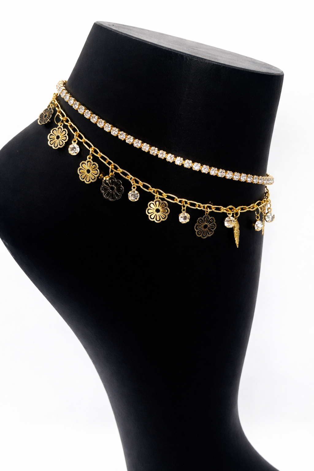 Layered Floral Crystal Anklet – Gold Colored