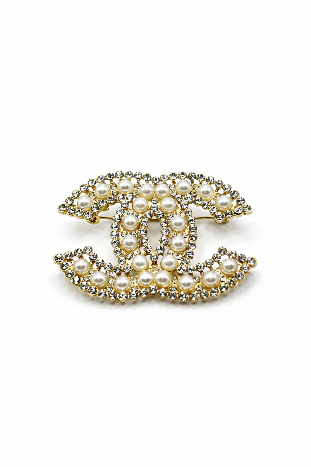 Pearl and Crystal Double Curve Brooch – Gold Colored