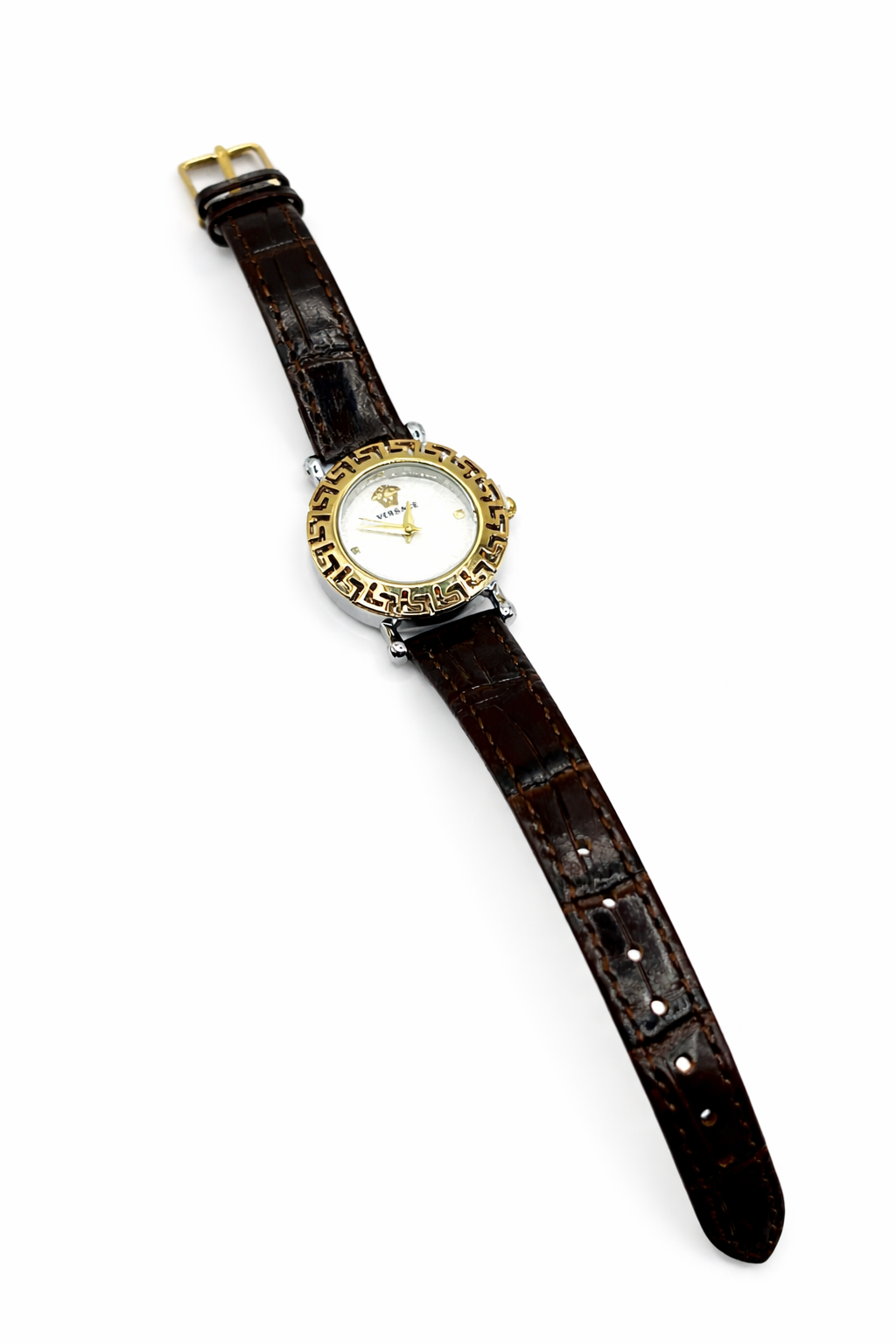 Classic Greek Key Leather Strap Watch – Gold Colored