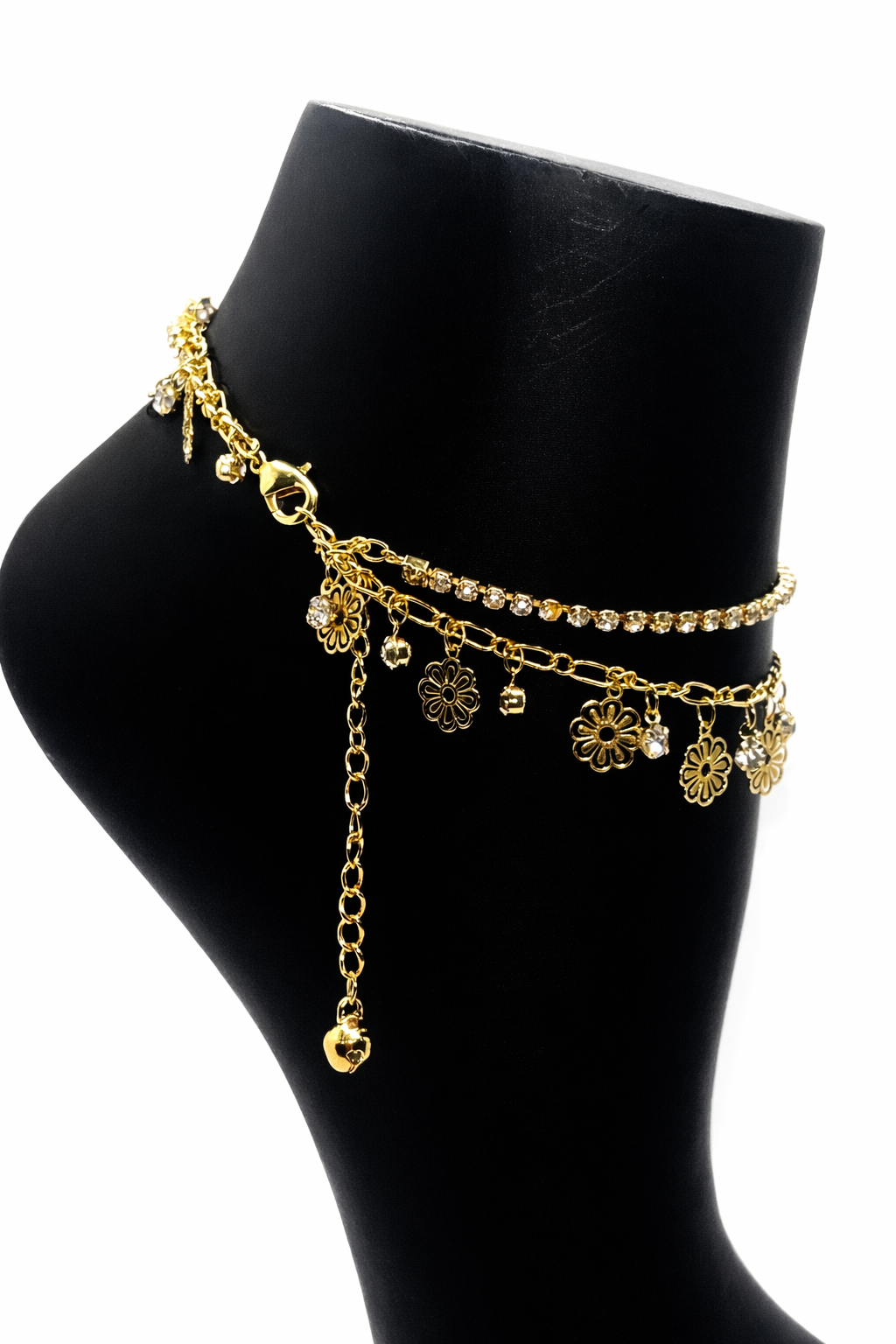 Layered Crystal Flower Charm Anklet – Gold Colored