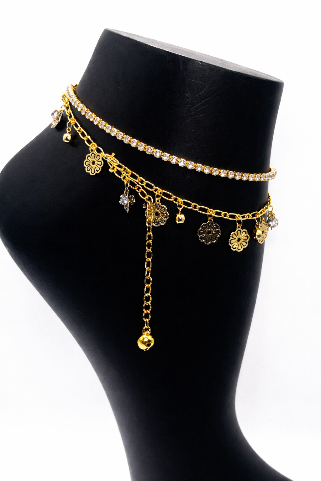 Layered Floral Crystal Anklet – Gold Colored