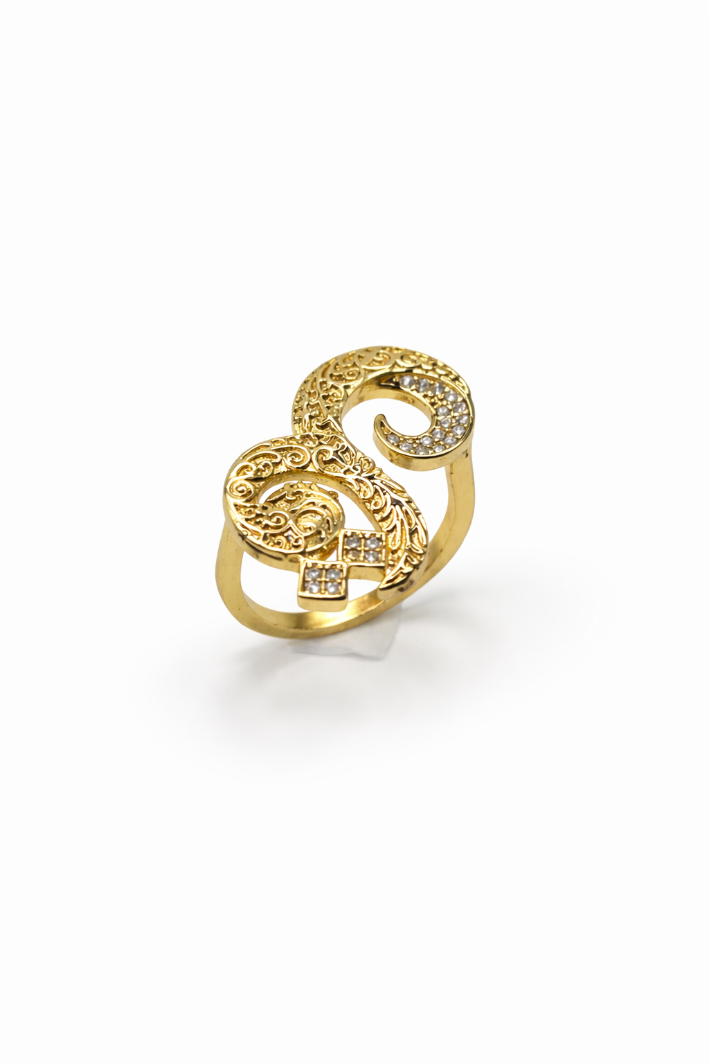 Ornate Swirl Filigree Gold Ring with Crystal Accents