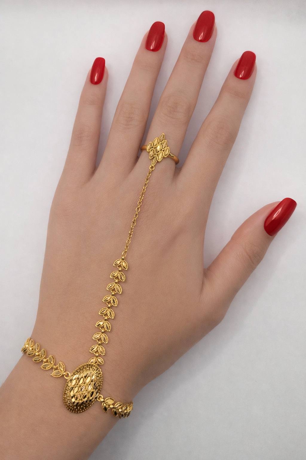Leaf Chain Hand Harness Bracelet Ring – Gold Colored