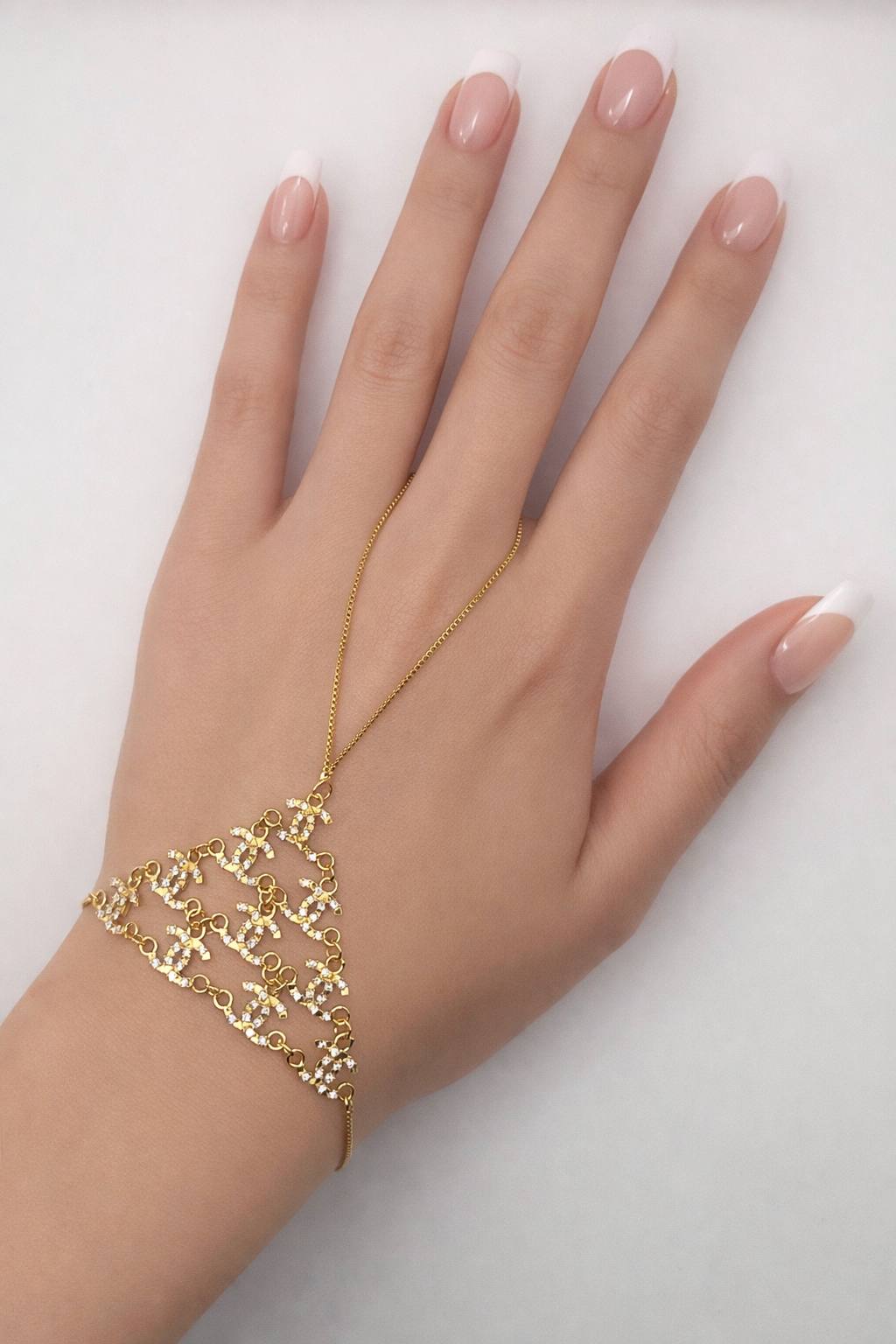 Crystal Mesh Hand Harness Bracelet Ring – Gold Colored