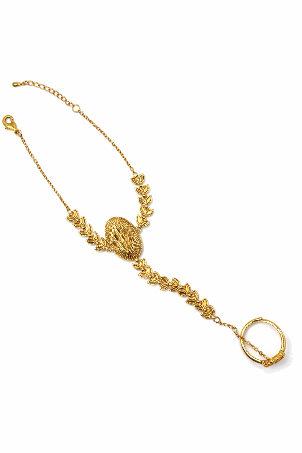 Leaf Chain Hand Harness Bracelet Ring – Gold Colored