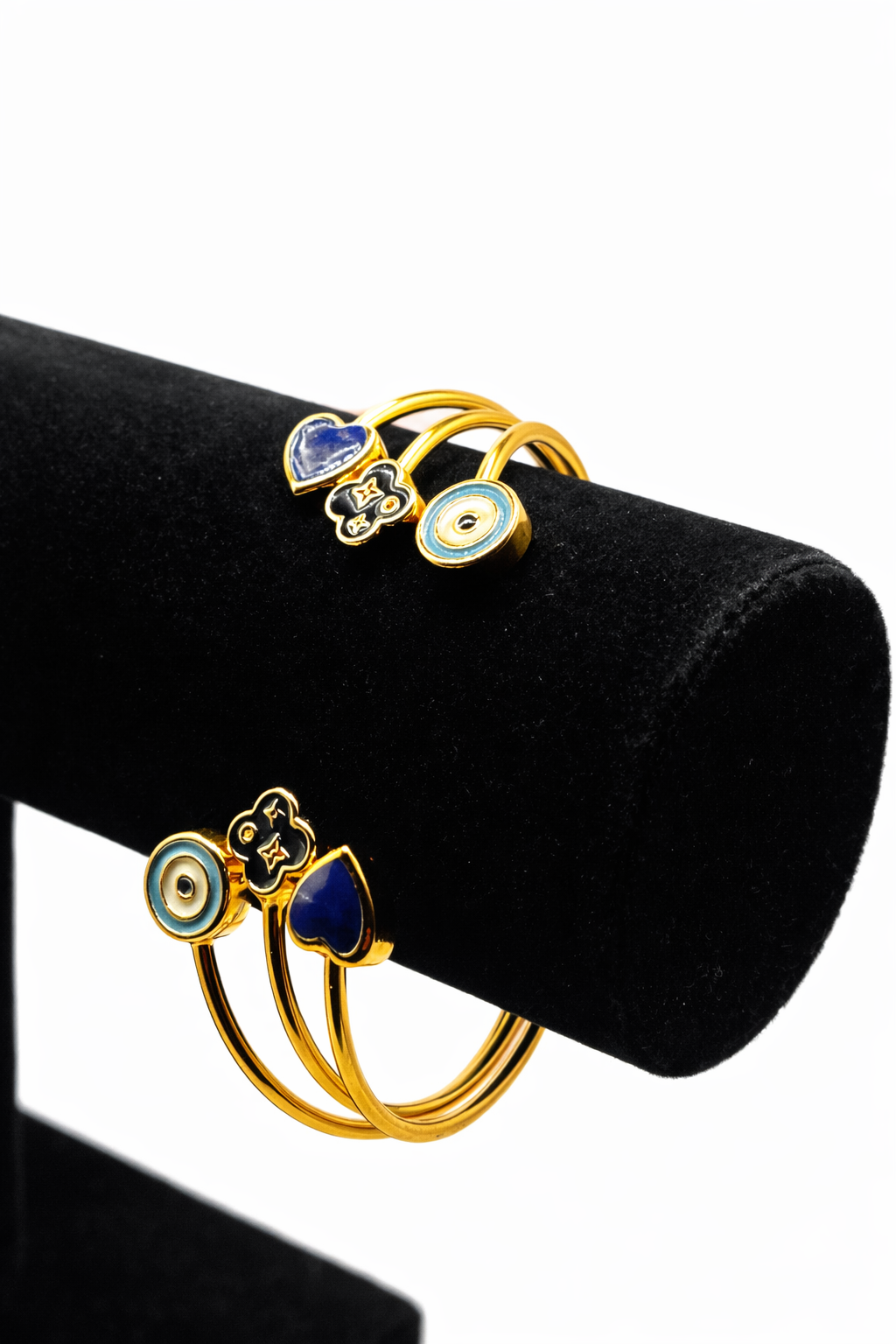 Evil Eye & Heart Charm Bangle Set – Gold Colored